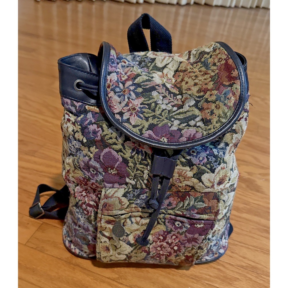 VTG 80s/90s New York Studios Floral Tapestry Backpack Black Leather Trim 10x12x5 - Picture 2 of 11